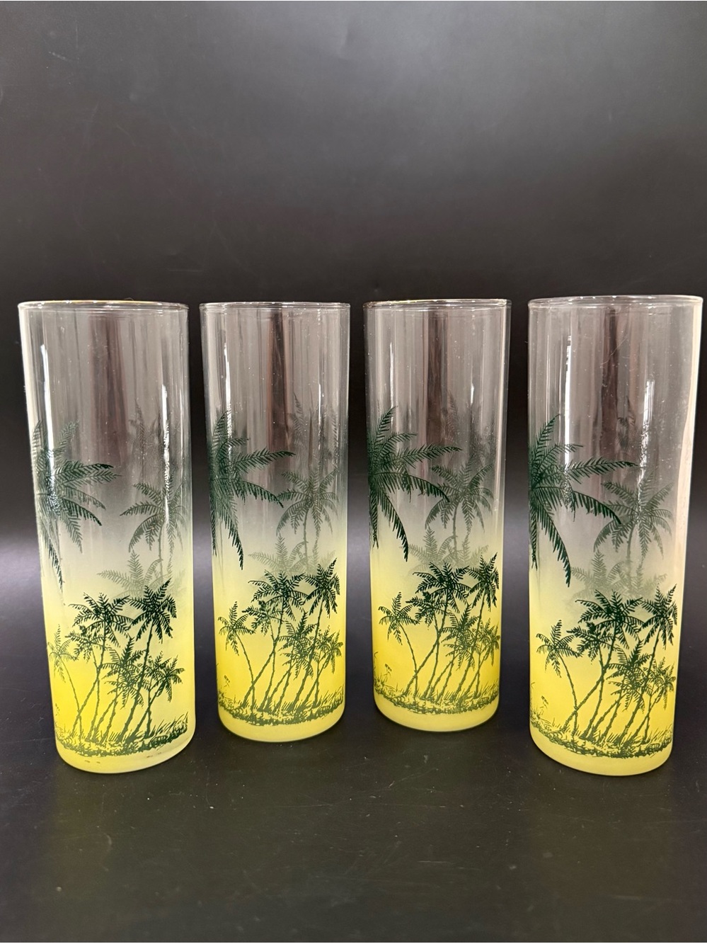 4 Vintage MCM Retro Yellow Frosted Palm Tree High Ball Cocktail Glass Tumblers